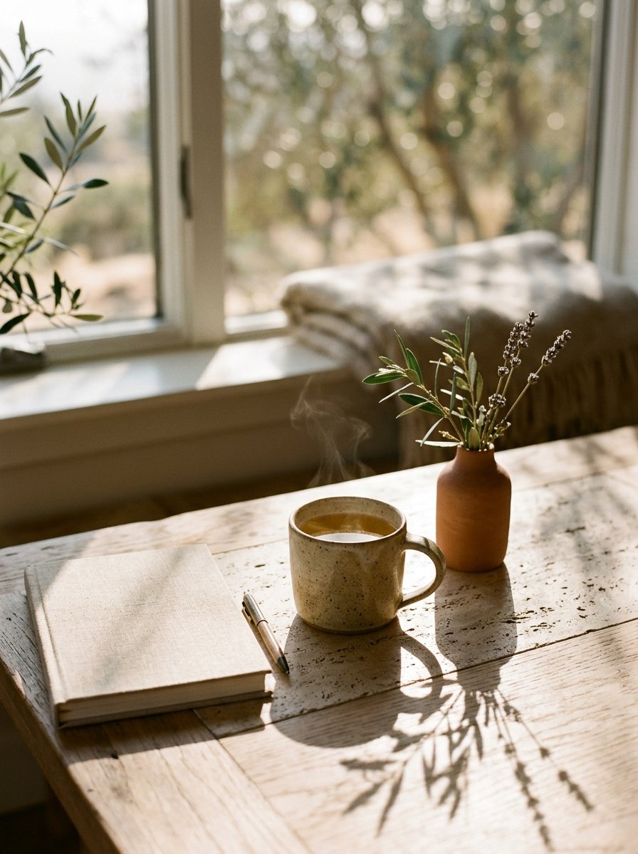 Momento de pausa consciente con taza de cerámica humeante, diario de lino y rama de olivo bajo luz cálida de la tarde