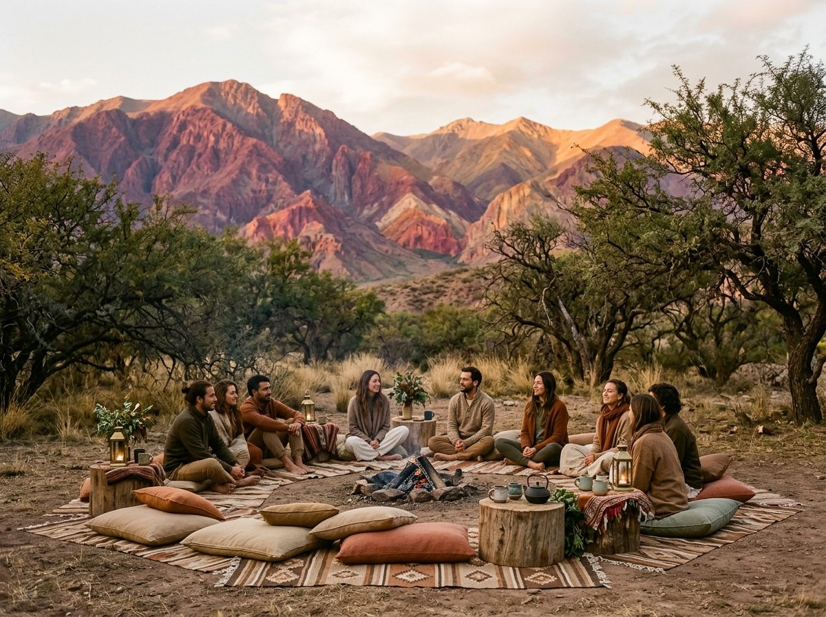 Círculo de encuentro en la naturaleza al atardecer frente al Cerro El Morado en San Juan